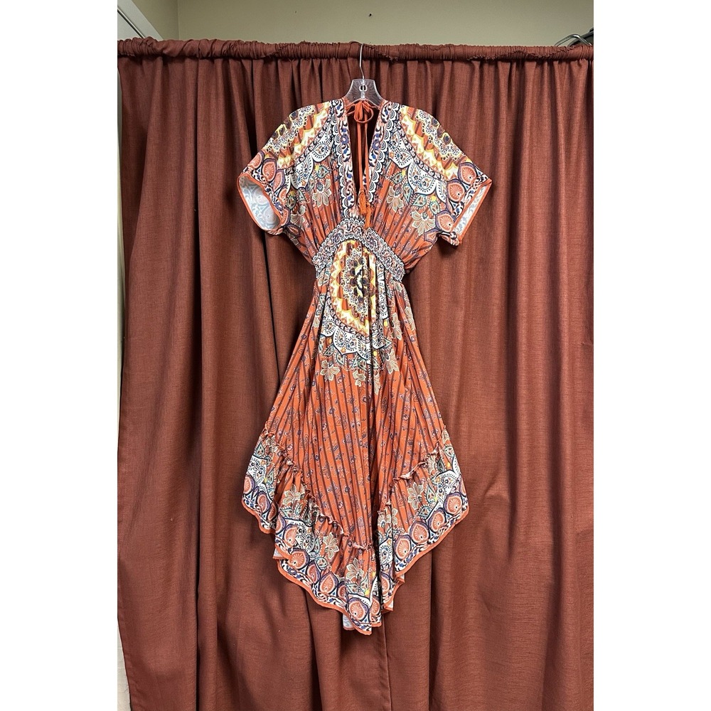 Rockin C Floral High Low Hem Orange Dress Medium Western Boho Cowgirl